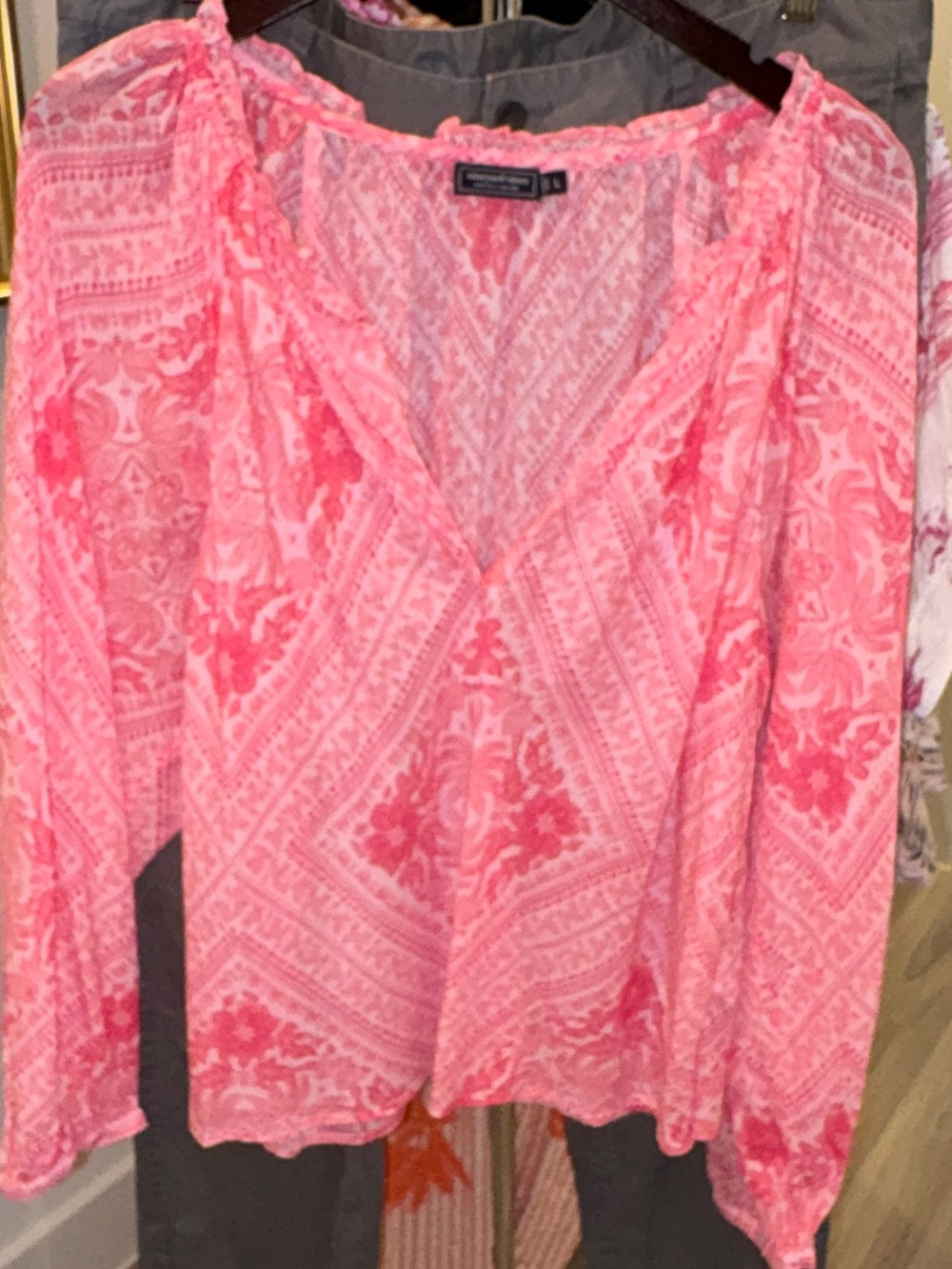 Vineyard Vines Coral White Long Sleeve Boho Peasant Top Sz Large